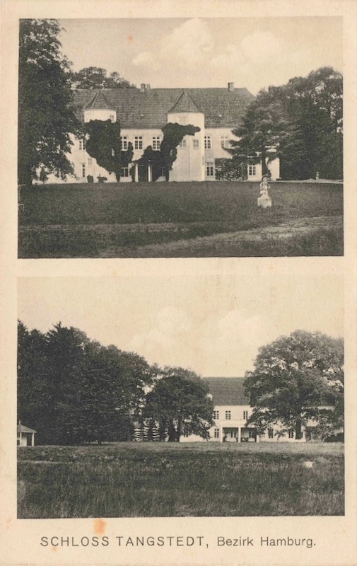 Alte Postkarte mit Vorderseite- und Rückansicht des ehemaligen Schloss Tangstedt