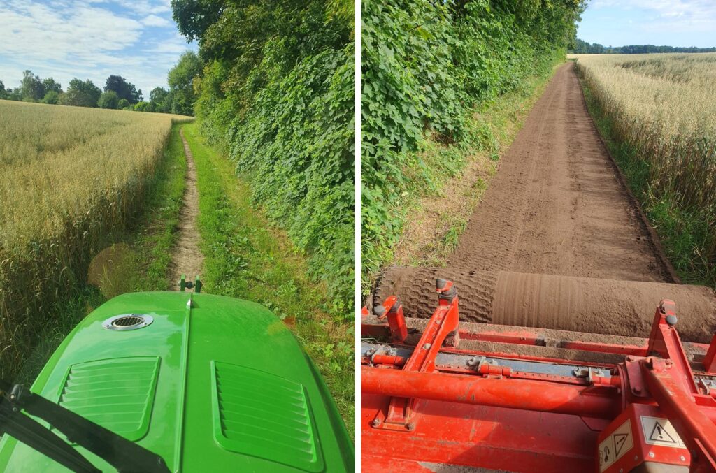 Blick aus dem Traktor vor und nach der Pflege der Reitwege mit einer Umkehrfräse