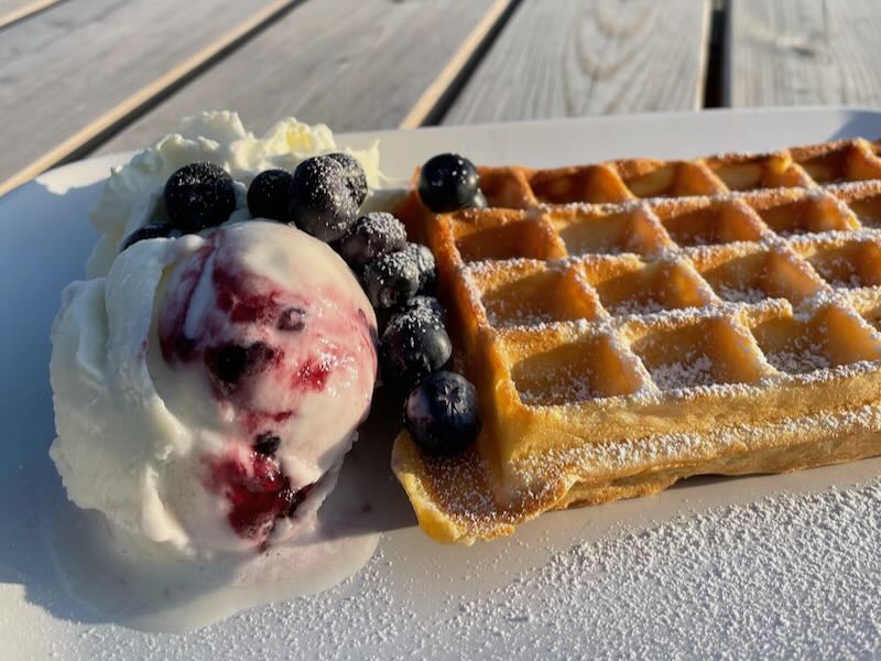 belgische Waffel. mit Kugel Eis und Blaubeeren auf einem Teller angerichtet