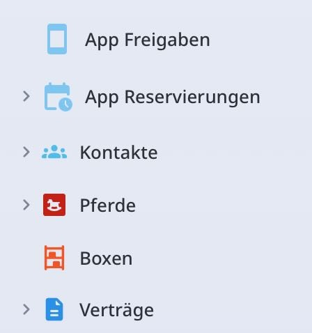 Screenshot Hauptpunkte unserer Datenbank für das Stallmanagement